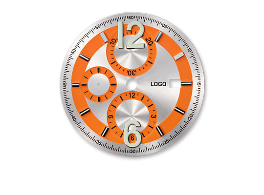 Dial with sunray silver surface, applied indexes, Superluminova C3, rings in orange Pantone 1505C