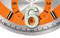 Dial with sunray silver surface, applied indexes, Superluminova C3, rings in orange Pantone 1505C